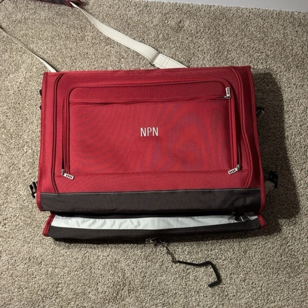 Vintage Lands End Red Garment Bag Adjustable Strap Multiple Pockets Compartments
